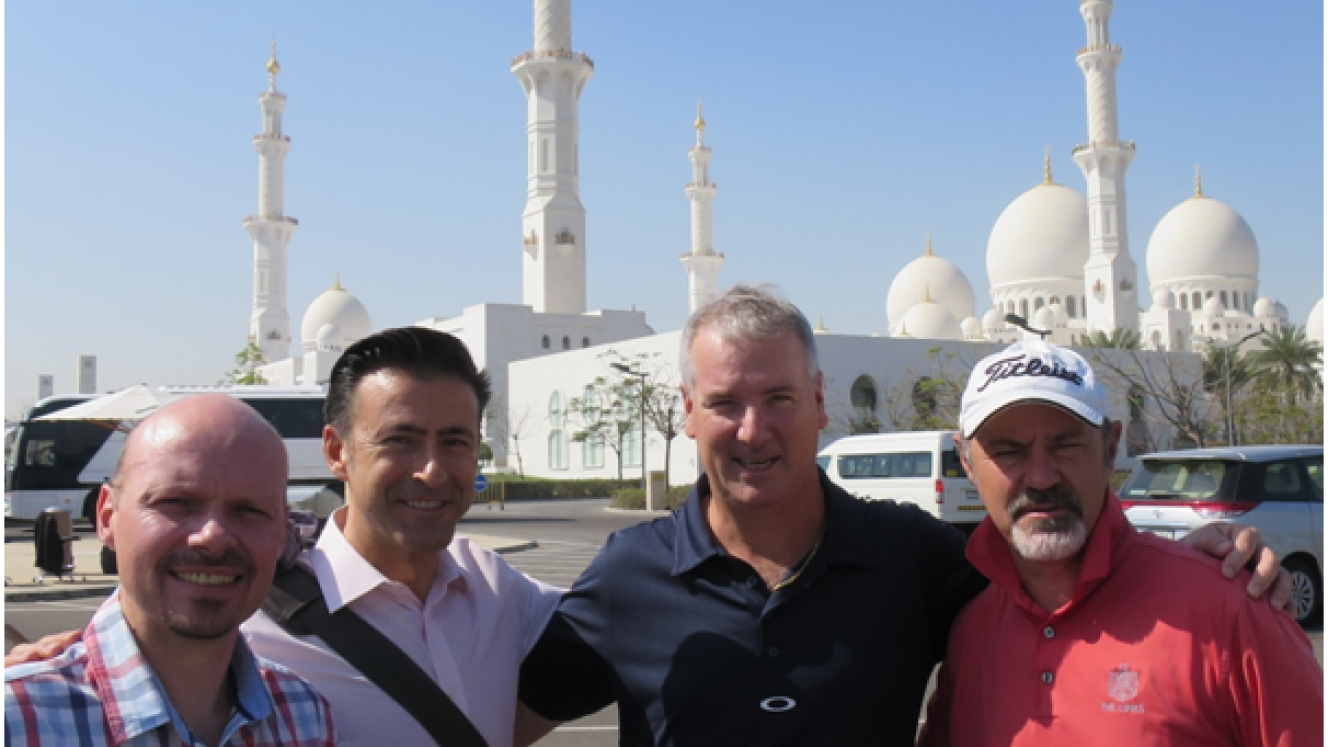 Outside the Al-Sayed Grand Mosque exploring the new possibilities of Abu Dhabi as a hub are: (from left) Johan Groenewald (Wendy Wu Tours); Sean Bradley (SAA Holidays); Craig van Rooyen (Tour d’ Afrique) and David Frost (Satsa). 