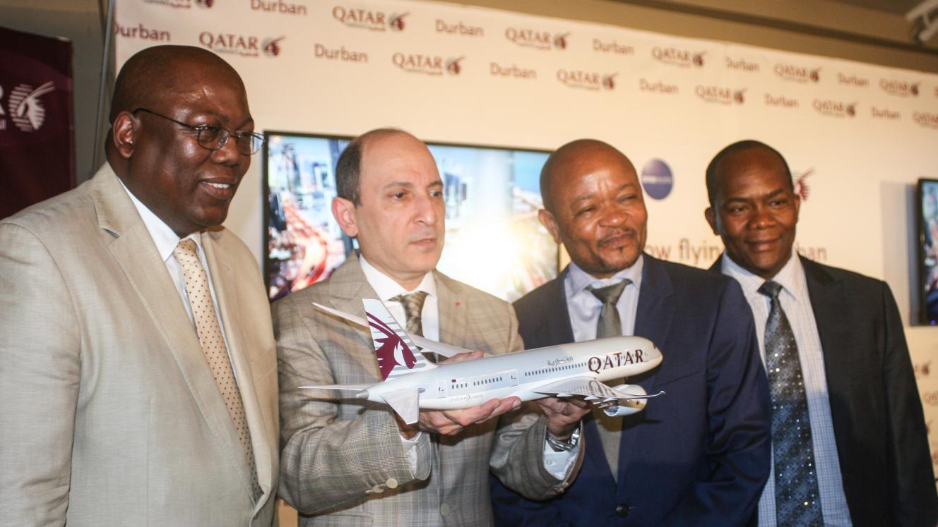 Pictured here at the launch (from left) are Mike Mabuyakhulu (KZN MEC Economic Development, Tourism and Environmental Affairs), Akbar Al Baker, Edward Senzo Mchunu and Councillor James Nxumalo (Mayor of Durban).