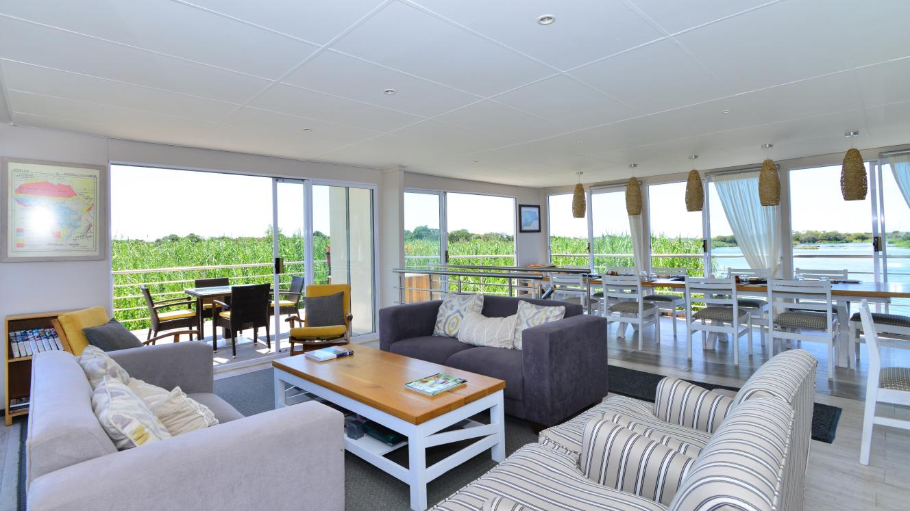 The Chobe Princess I, a houseboat on Botswana’s Chobe River, forms part of the Botswana and Namibia property. 