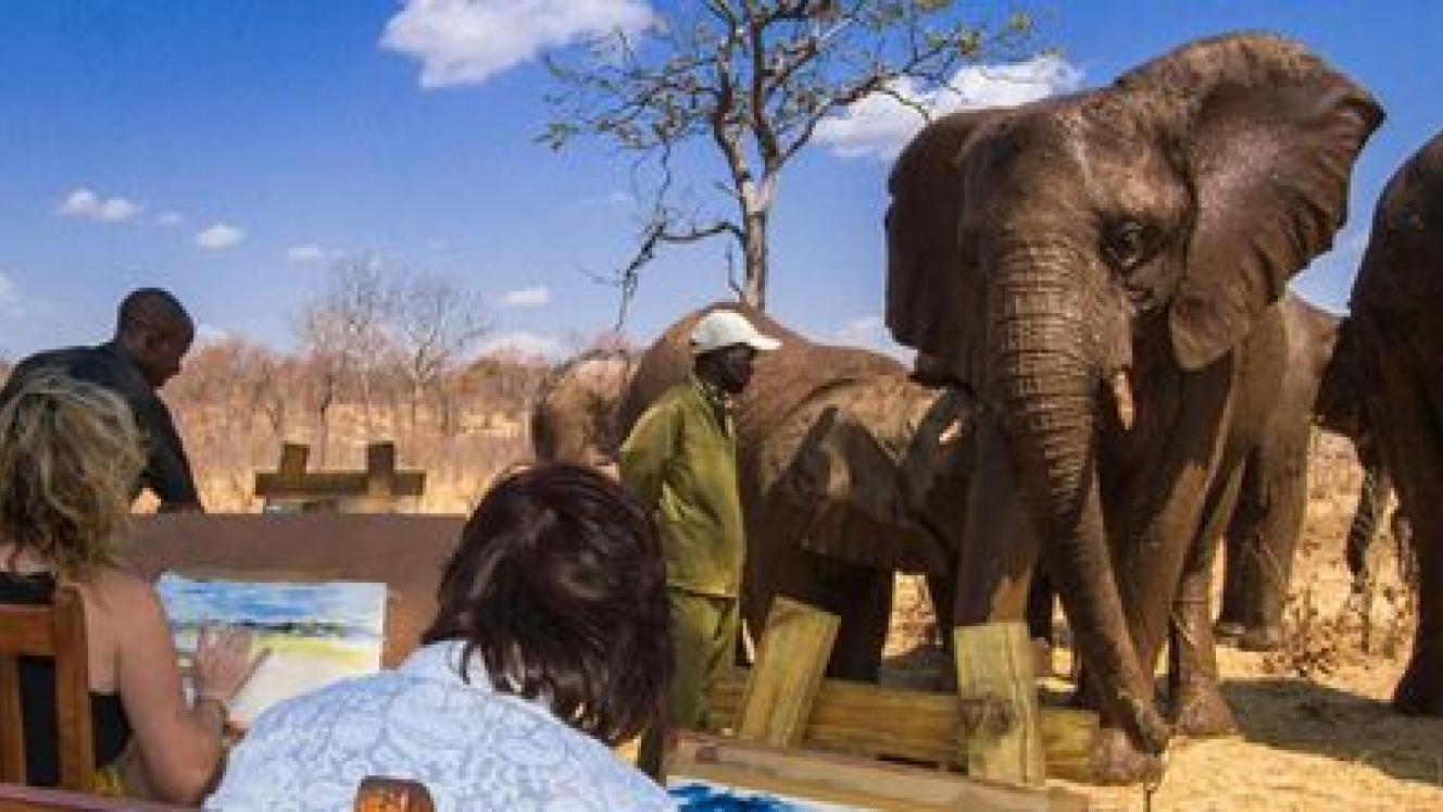 Guests enjoying a morning out with paints, paper, a chair and an easel at the Wild Horizons Elephant Wallow.