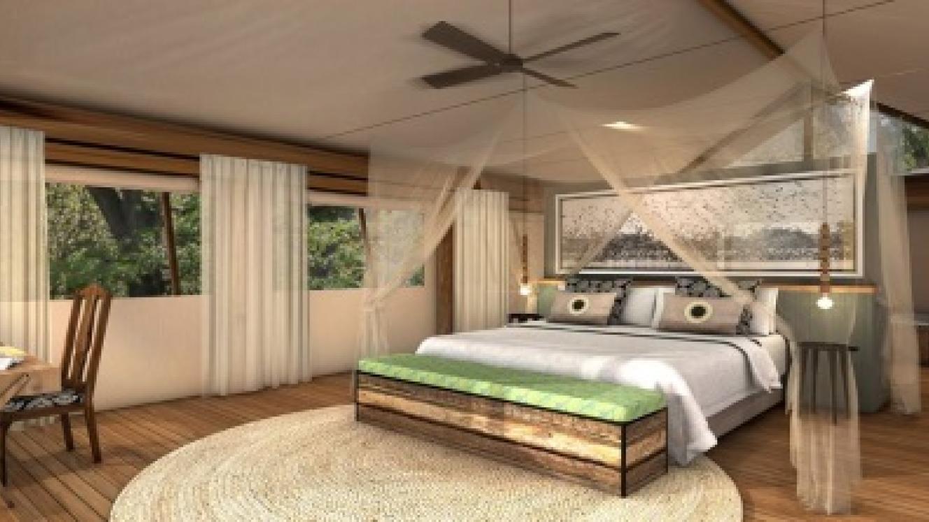 An artist’s impression of the new Sable Alley camp, which opens at the end of April in Khwai Private Reserve.