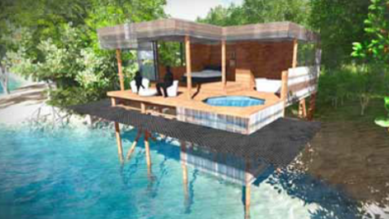 The three treehouse suites are on raised wooden decks.