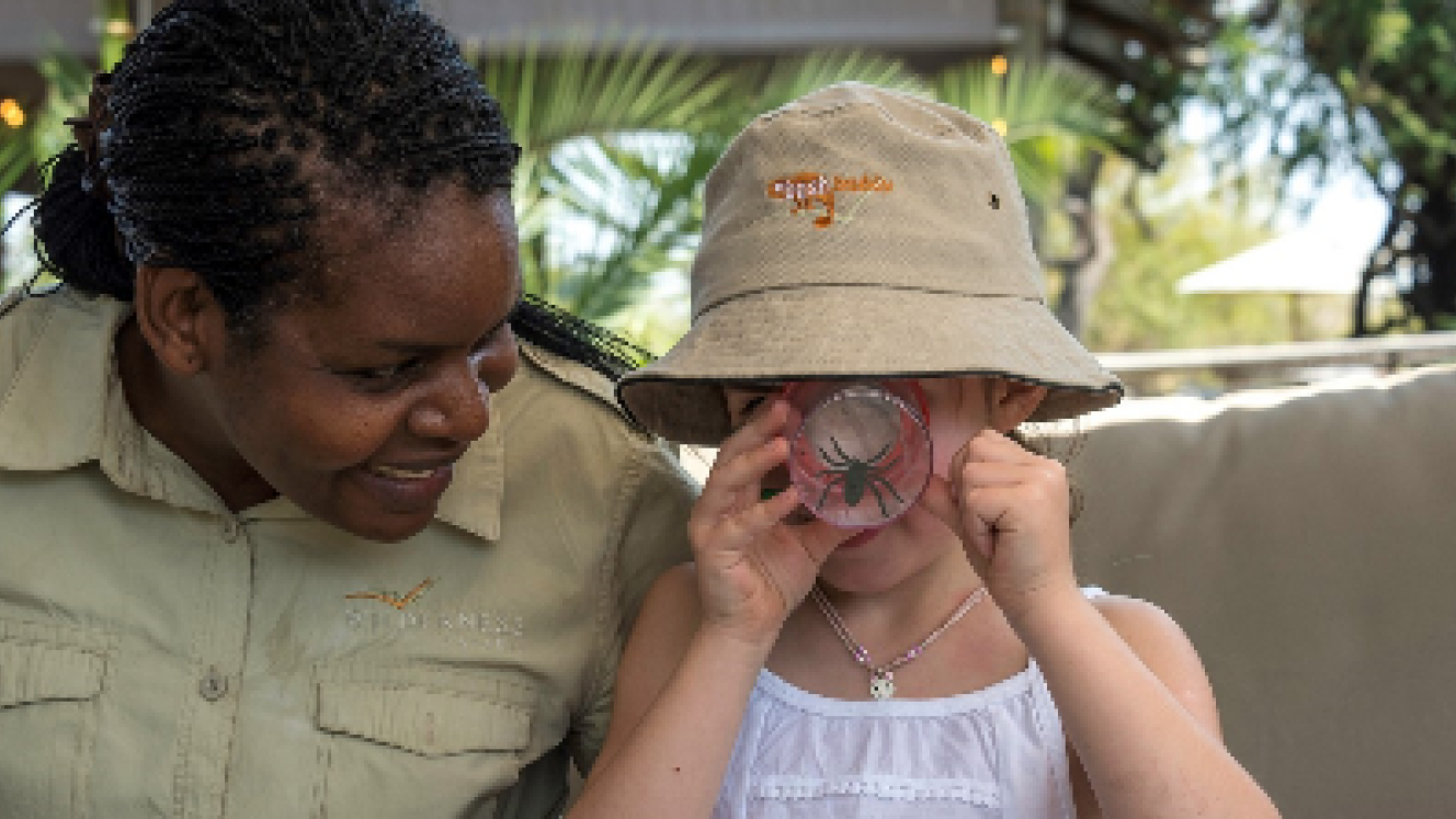Bush Buddy examining bugs at Toka Leya near Victoria Falls