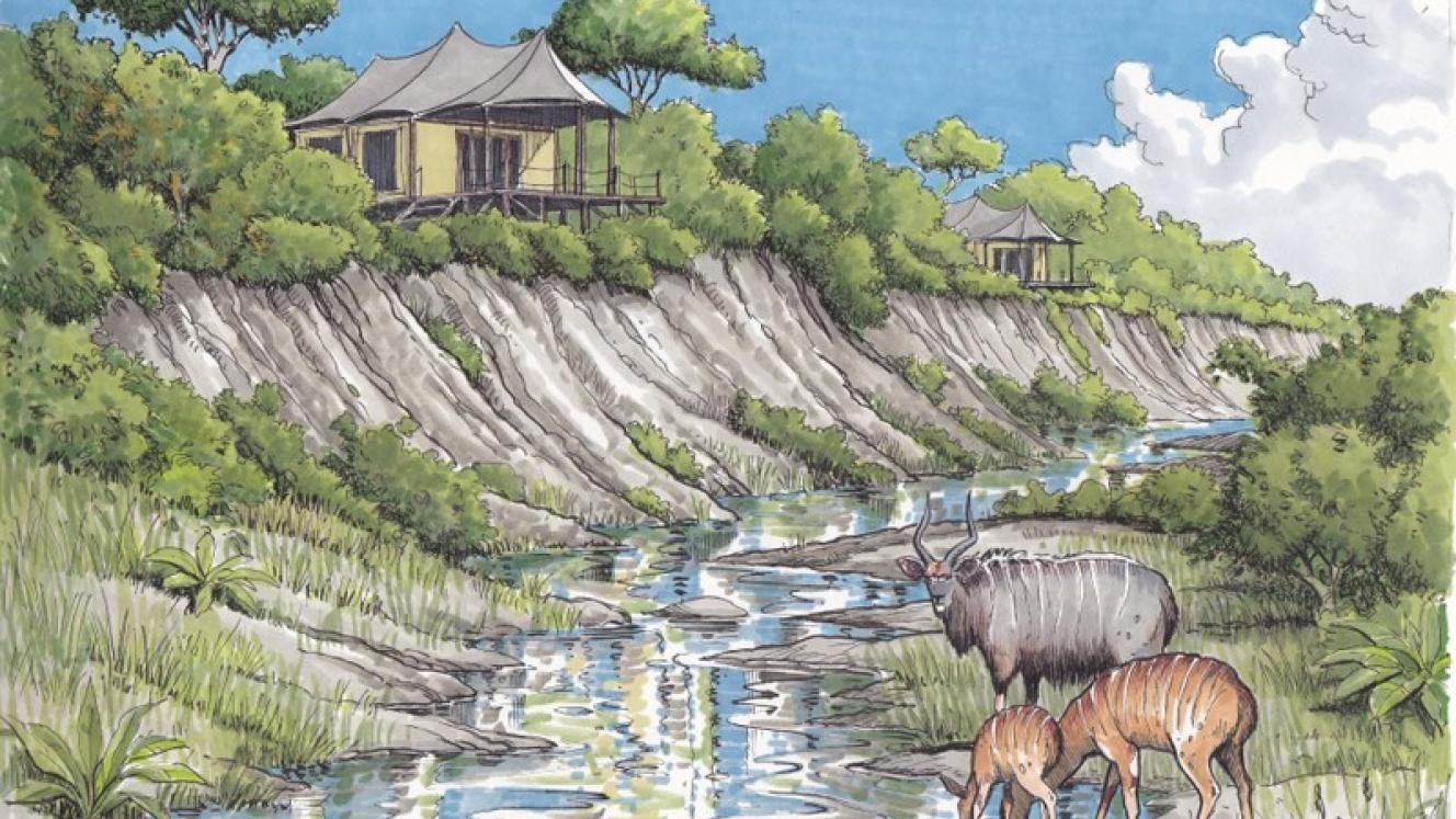 An artist’s impression of the Muzimu Tented Camp, Gorongosa National Park, Mozambique.