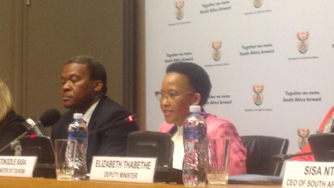 Tourism Minister Thokozile Xasa addressing the media on Tuesday ahead of the Tourism Budget Vote. She is alongside Director General Victor Tharage, to the left. 