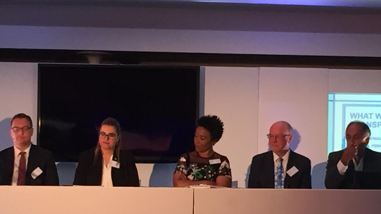 Minister Derek Hanekom delivers his maiden speech as newly appointed Minister of Tourism, from the panel. From left: André Schulz (GM for Southern Africa: Lufthansa Group; Carla da Silva (Chairman of Barsa); Sindiswe Chikunga (Deputy Minister of Transport); Derek Hanekom (Minister of Tourism); Cas Coovadia (Member of the Board of BUSA)