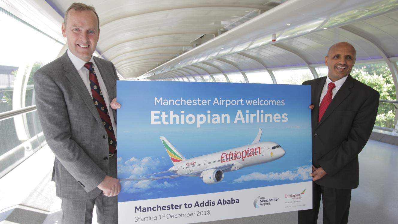 Manchester Airport secures flights to Addis Ababa with Ethiopian Airlines. From left: Andrew Cowan, CEO of Manchester Airport and Tewolde Gebremariam, CEO Ethiopian Airlines.
