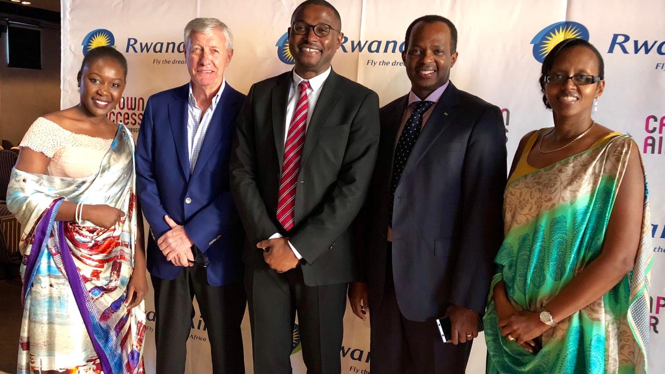 From left: RwandAir Customer Relations Manager, Olivia Ntambara; Holiday Aviation CEO, Gavin Simpson; RwandAir Country Manager South Africa, Thembela Dladla; Rwandan Ambassador to South Africa, Vincent Karega; and RwandAir Director of Quality Assurance, Sonia Kamikazi.