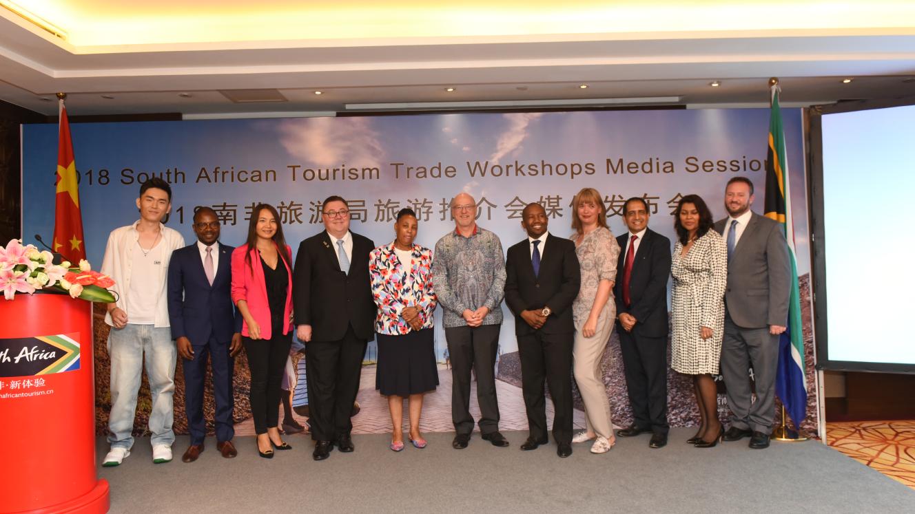 Pictured at SA Tourism’s workshops in China, from left to right: Singer Sean; Tshepiso Malele, Acting Head of China, Brand South Africa; Elizabeth; B​radley Brouwer; Debora Balasteng; Derek Hanekom; Sisa Ntshona; Hanneli Slabber; Mansoor Mohamed; Nurunessa Moolla; and Bernhard Meyer.​​​