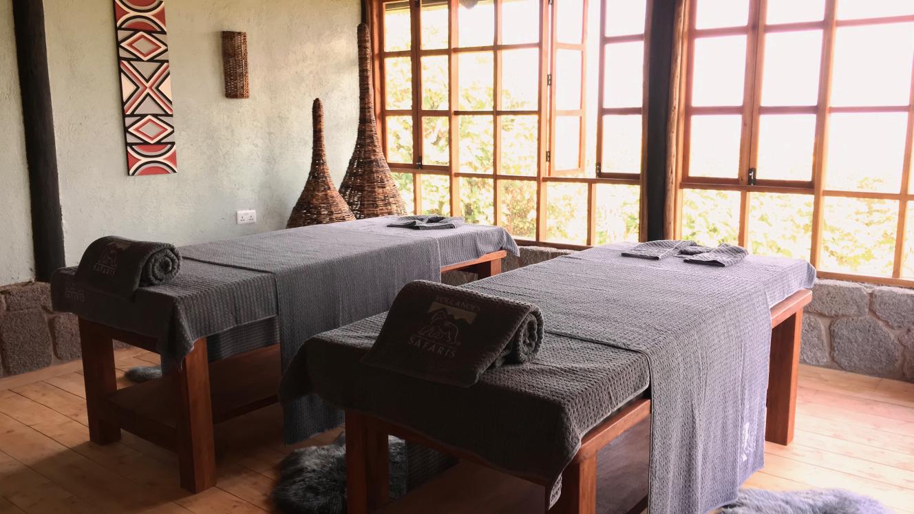 Ikirunga Spa at Virunga Lodge overlooks the Virunga Mountains.