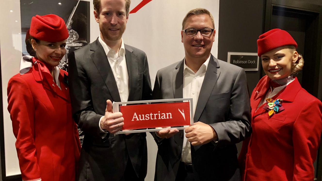 From left: Flight attendant Nikola Frates, Austrian Airlines CEO Alexis von Hoensbroech, Lufthansa GM Southern Africa André Schulz and flight attendant Nicole Franclova.