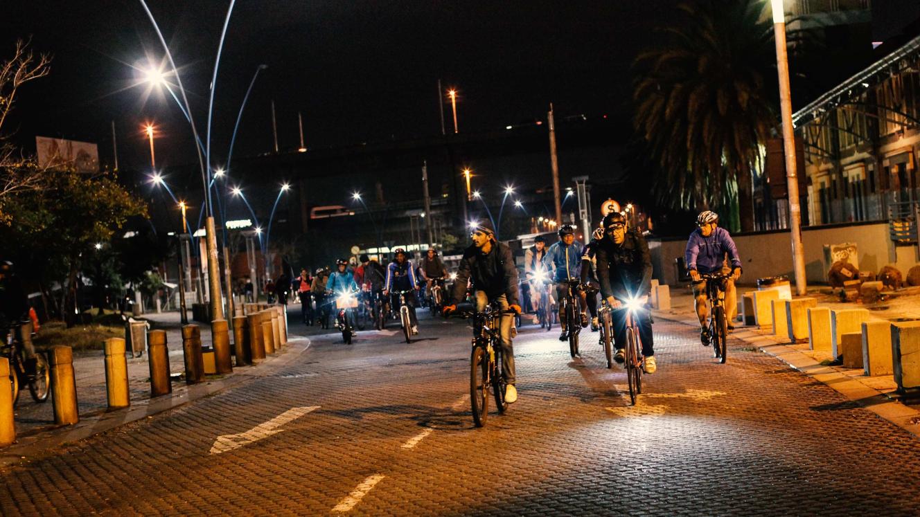 Cyclists on a night ride in Johannesburg central.