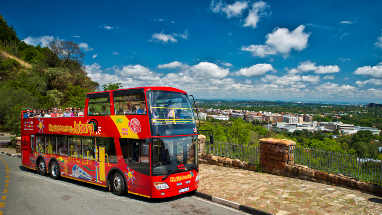 A sight seeing tourist bus in Johannesburg.