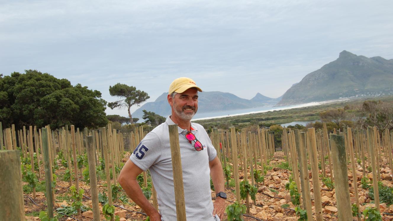 Gerhard van der Horst, managing director of Red Cliff Property who grew-up on Imhoff Farm in the recently planted vineyard overlooking Long Beach, Chapman’s Peak and Hout Bay in the distance. The vineyard will start producing in 2022 and undoubtedly boasts one of the best views in the Cape Peninsula. 
