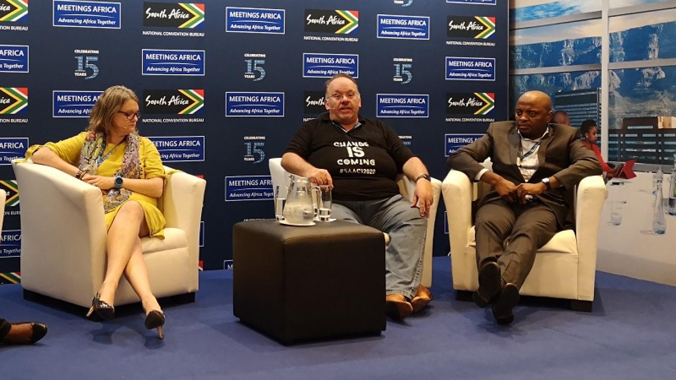 (From left) SAACI Chairperson Kim Roberts; Chairperson of the Congress Organising Committee, John Arvanitakis; and Director of Tourism at the City of Johannesburg, Thandubuhle Mgudlwa, at the SAACI press briefing at Meetings Africa 2020