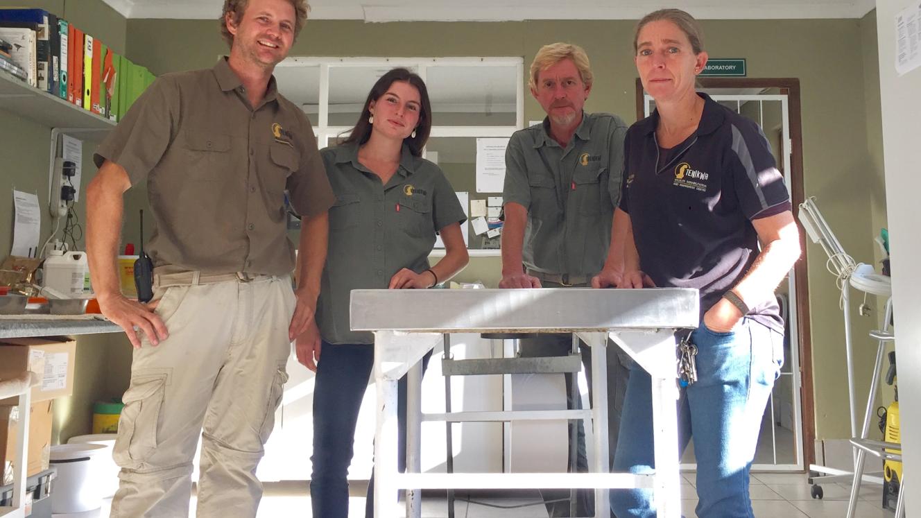 Matthew and his team at Tenikwa, from left: Matthew Morris, Flore Aguettant, Cam Newton and Elzette Lategan.