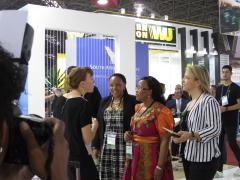 Deputy Minister of Tourism, Thokozile Xasa, engages with exhibitors at the ABAV tradeshow in São Paulo. The Deputy Minister is pictured with Velma Corcoran, Executive Marketing Manager at Cape Town Tourism, and South African Consul General to Brazil, Mmaikeletsi Dube (left), and Monika Iuel, South African Tourism General Manager: International Marketing (right).