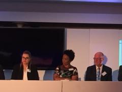 Minister Derek Hanekom delivers his maiden speech as newly appointed Minister of Tourism, from the panel. From left: André Schulz (GM for Southern Africa: Lufthansa Group; Carla da Silva (Chairman of Barsa); Sindiswe Chikunga (Deputy Minister of Transport); Derek Hanekom (Minister of Tourism); Cas Coovadia (Member of the Board of BUSA)