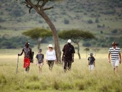 Guests accompanied by a ranger on a walking safari. 