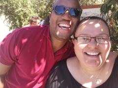 Sorita Musgrave (left) is pictured at Boulders Beach, Western Cape, on a recent tour.